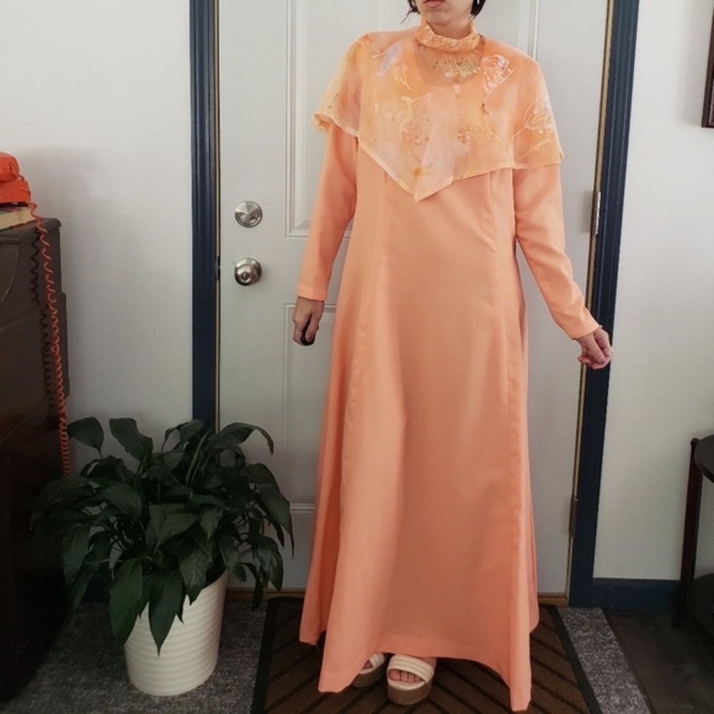 Vintage 70s Peach Evening Gown‎ with Floral Overlay